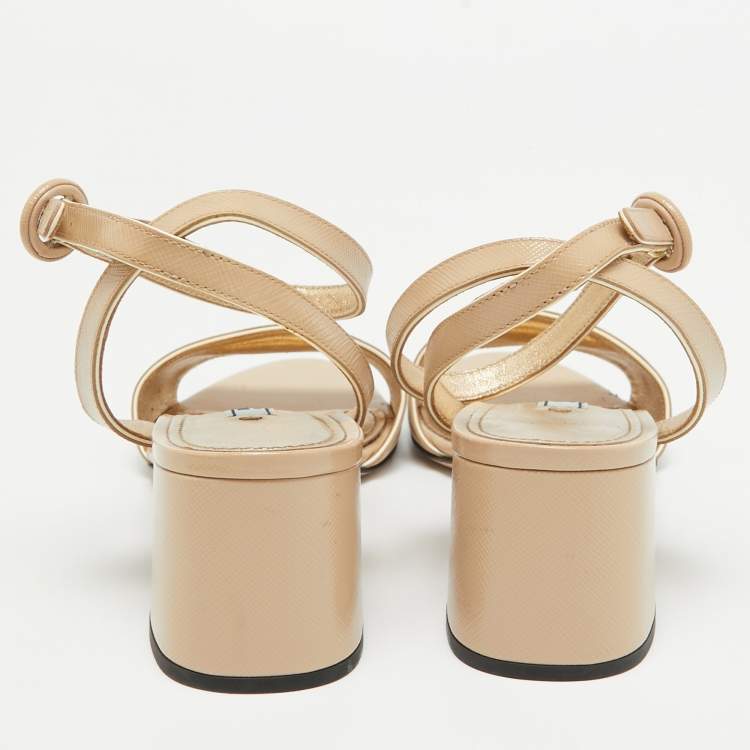 Pre Owned Prada Beige Saffiano Patent Leather Ankle Strap Sandals Size 37