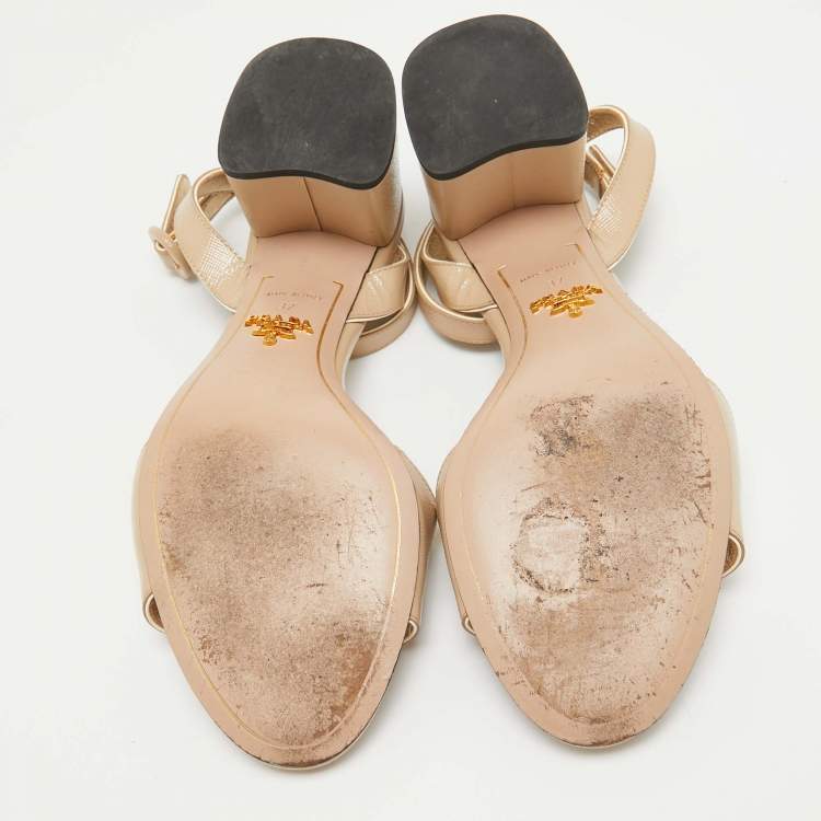 Pre Owned Prada Beige Saffiano Patent Leather Ankle Strap Sandals Size 37