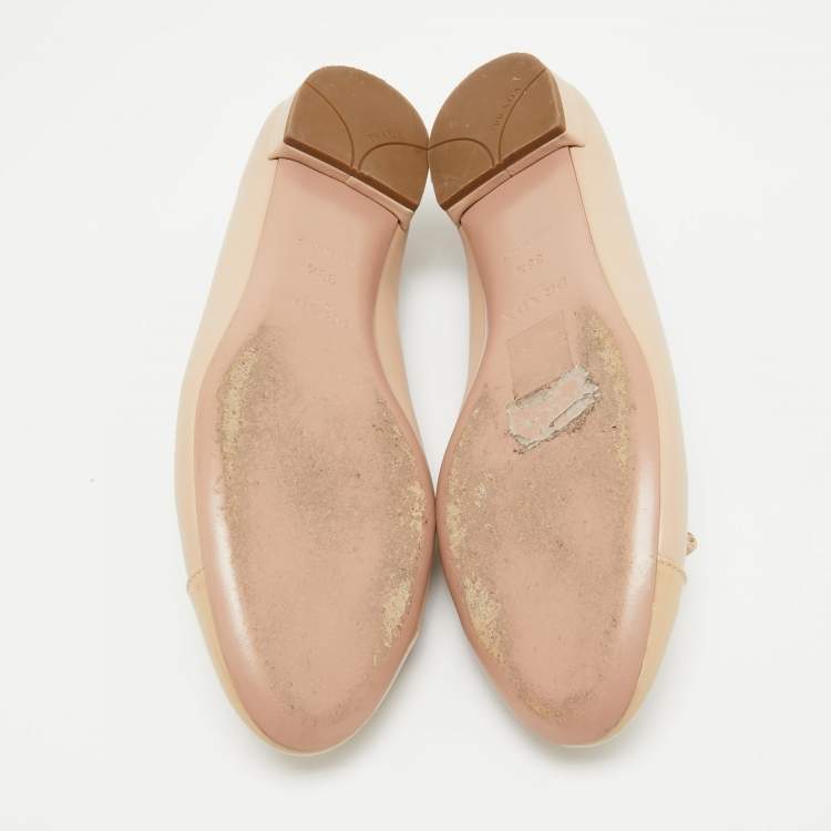 Pre Owned Prada Beige Leather and Patent Cap Toe Bow Ballet Flats Size 38.5