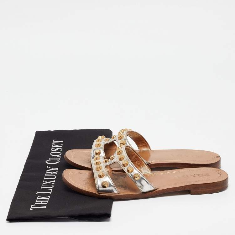 Pre Owned Prada Silver Leather Studded Flat Slides Size 36.5