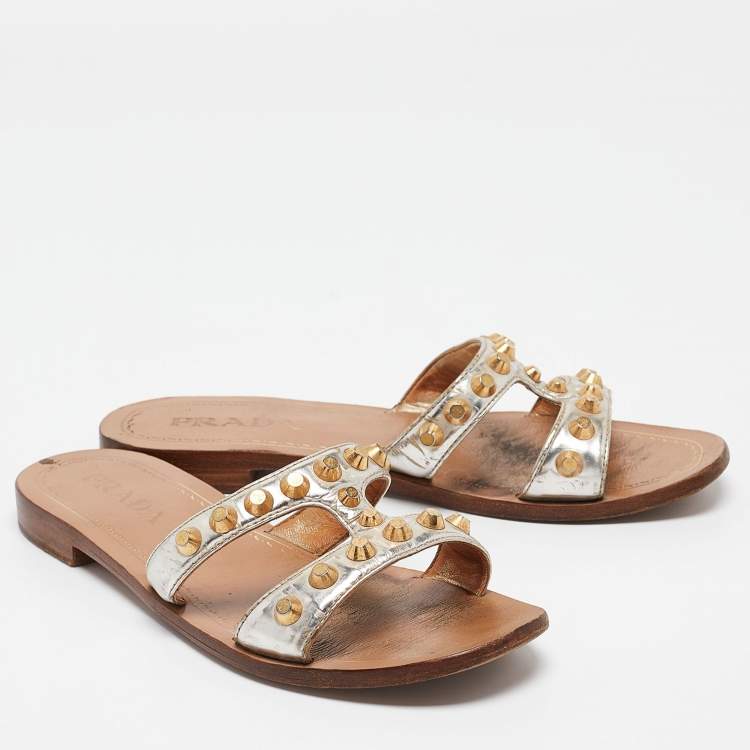 Pre Owned Prada Silver Leather Studded Flat Slides Size 36.5