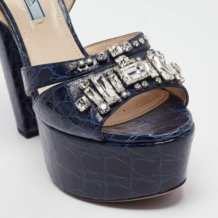 Pre Owned Prada Navy Blue Embossed Croc Crystal Embellished Platform Ankle Strap Sandals Size 39