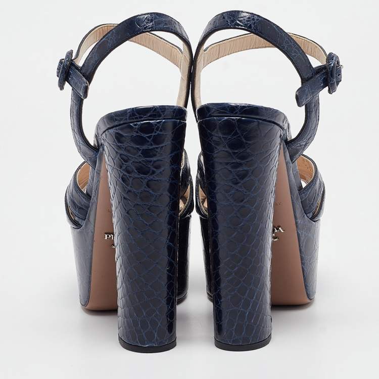 Pre Owned Prada Navy Blue Embossed Croc Crystal Embellished Platform Ankle Strap Sandals Size 39