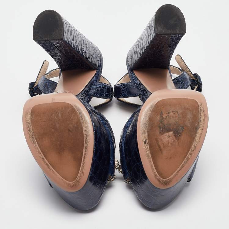 Pre Owned Prada Navy Blue Embossed Croc Crystal Embellished Platform Ankle Strap Sandals Size 39