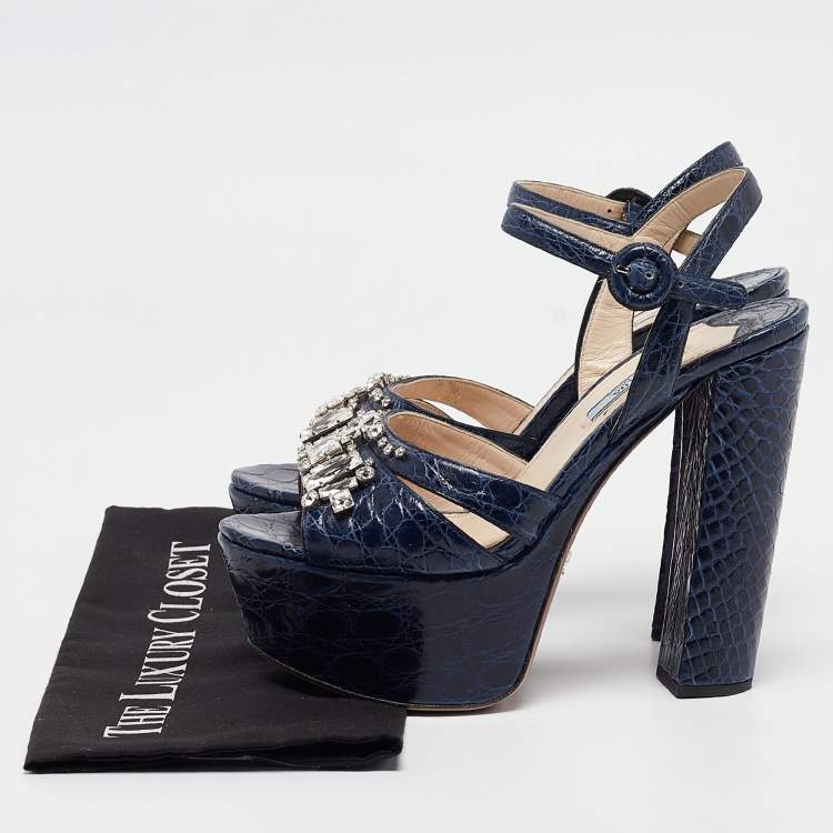 Pre Owned Prada Navy Blue Embossed Croc Crystal Embellished Platform Ankle Strap Sandals Size 39