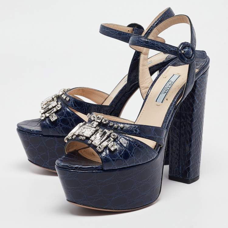 Pre Owned Prada Navy Blue Embossed Croc Crystal Embellished Platform Ankle Strap Sandals Size 39