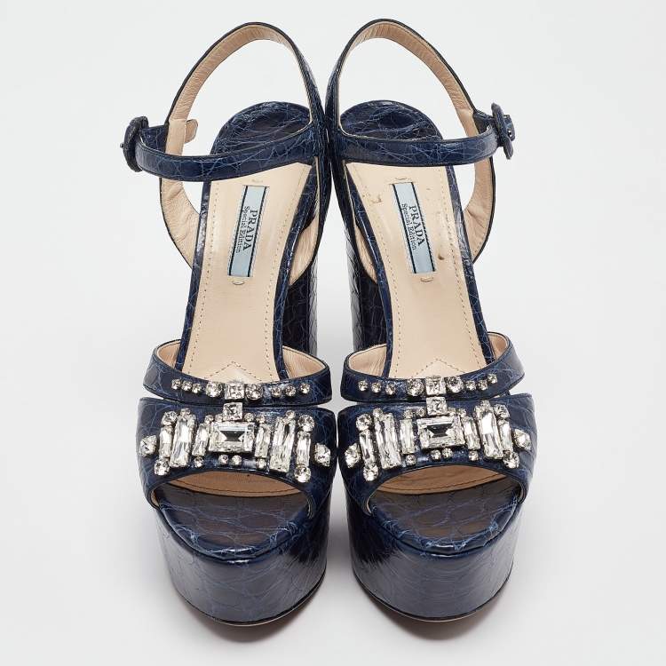 Pre Owned Prada Navy Blue Embossed Croc Crystal Embellished Platform Ankle Strap Sandals Size 39