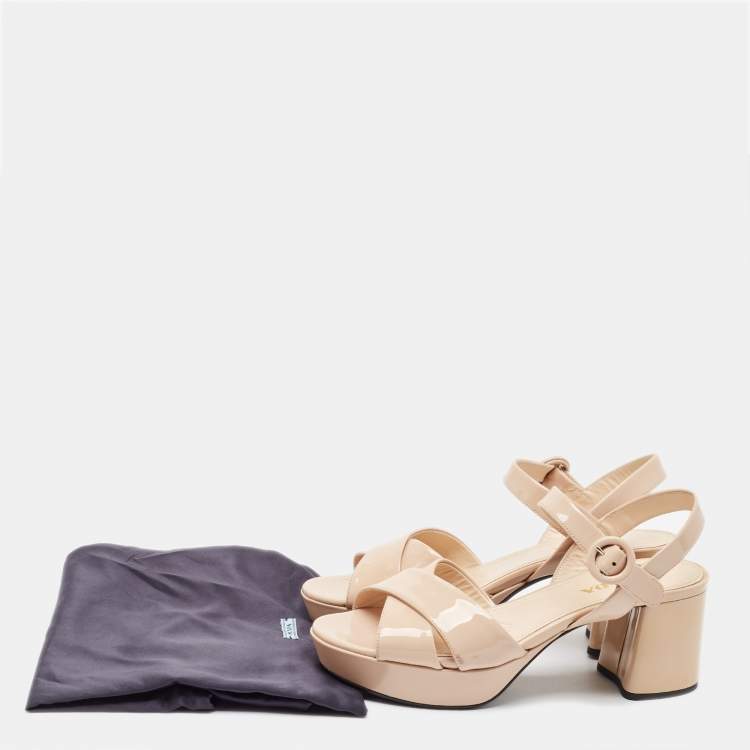 Pre Owned Prada Beige Patent Leather Platform Ankle Strap Sandals Size 38