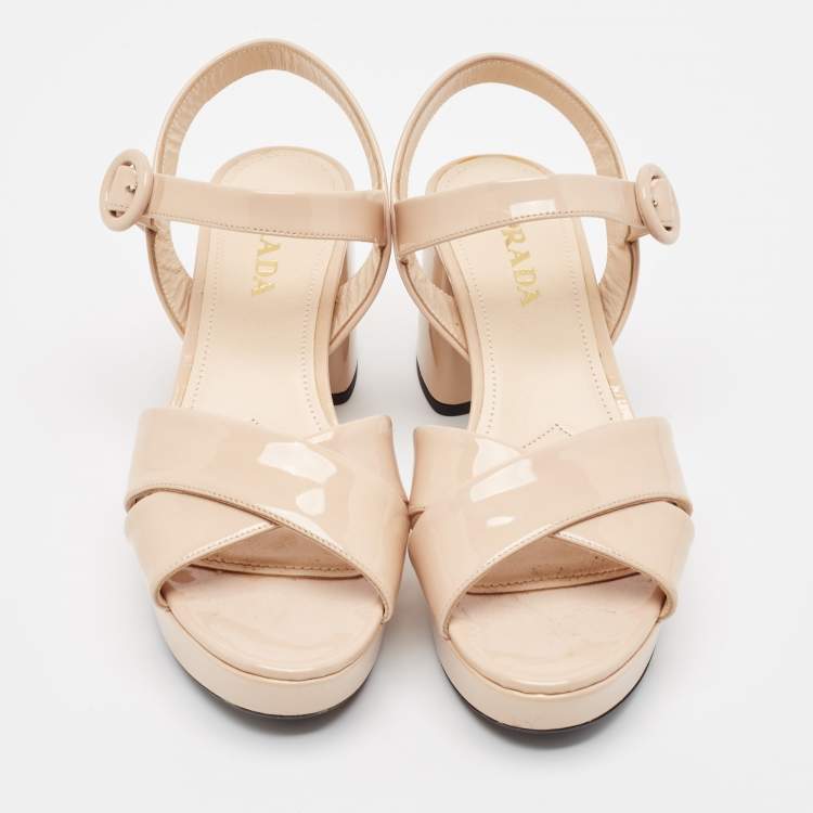 Pre Owned Prada Beige Patent Leather Platform Ankle Strap Sandals Size 38