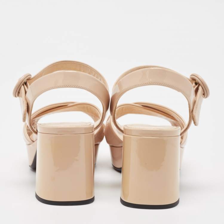 Pre Owned Prada Beige Patent Leather Platform Ankle Strap Sandals Size 38