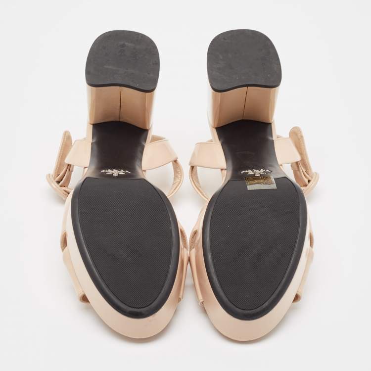 Pre Owned Prada Beige Patent Leather Platform Ankle Strap Sandals Size 38