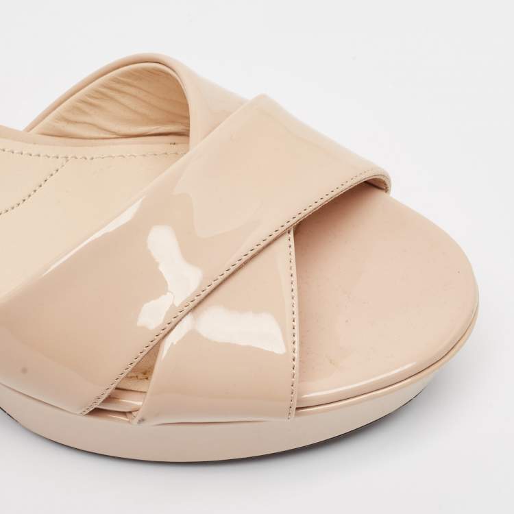 Pre Owned Prada Beige Patent Leather Platform Ankle Strap Sandals Size 38