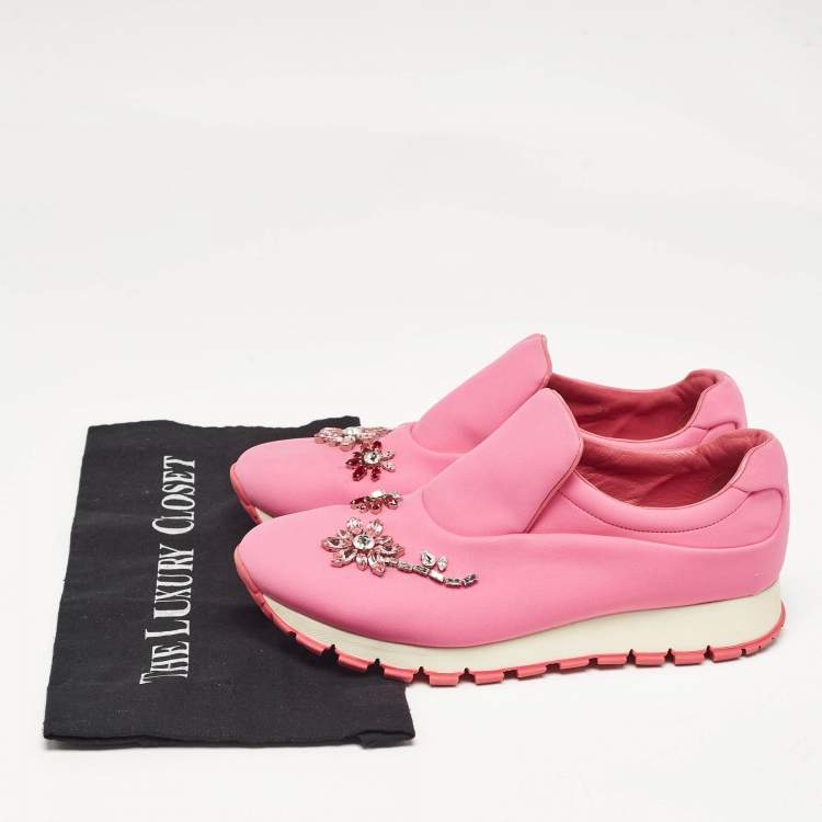Pre Owned Prada Pink Neoprene Crystal Embellished Slip On Sneakers Size  38