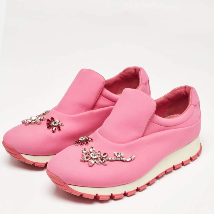 Pre Owned Prada Pink Neoprene Crystal Embellished Slip On Sneakers Size  38