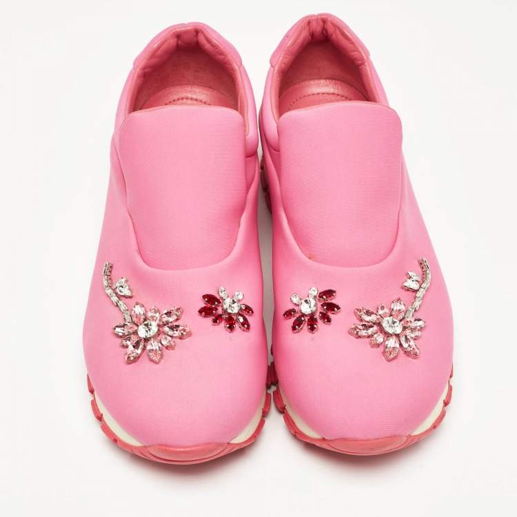 Pre Owned Prada Pink Neoprene Crystal Embellished Slip On Sneakers Size  38