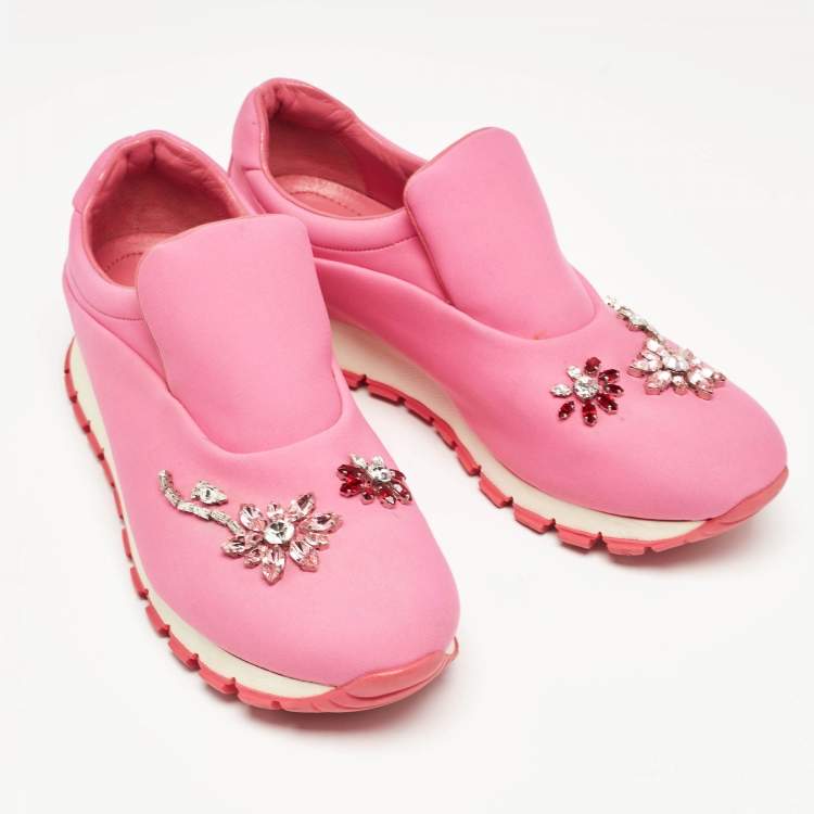 Pre Owned Prada Pink Neoprene Crystal Embellished Slip On Sneakers Size  38