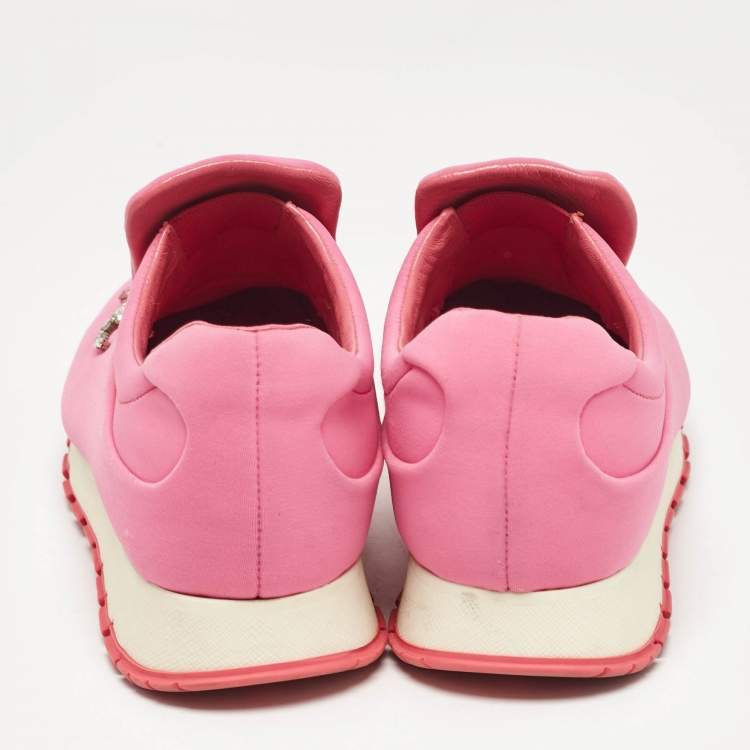 Pre Owned Prada Pink Neoprene Crystal Embellished Slip On Sneakers Size  38