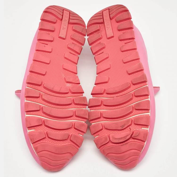 Pre Owned Prada Pink Neoprene Crystal Embellished Slip On Sneakers Size  38