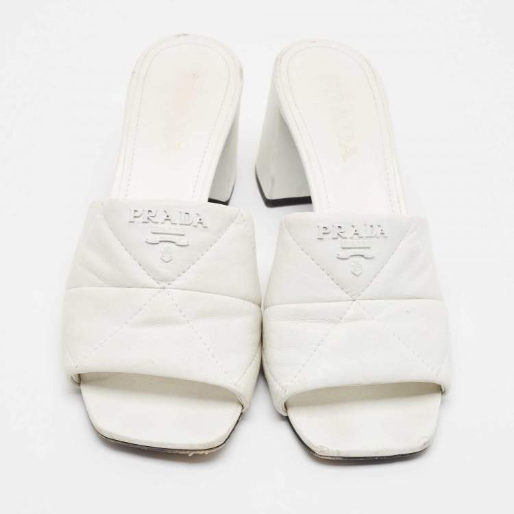 Pre Owned Prada White Quilted Leather Slide Sandals Size 38