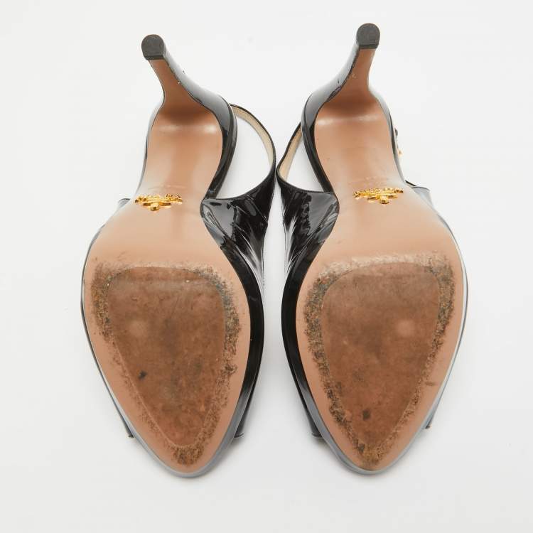Pre Owned Prada Black Patent Leather Peep Toe Slingback Pumps Size 36.5