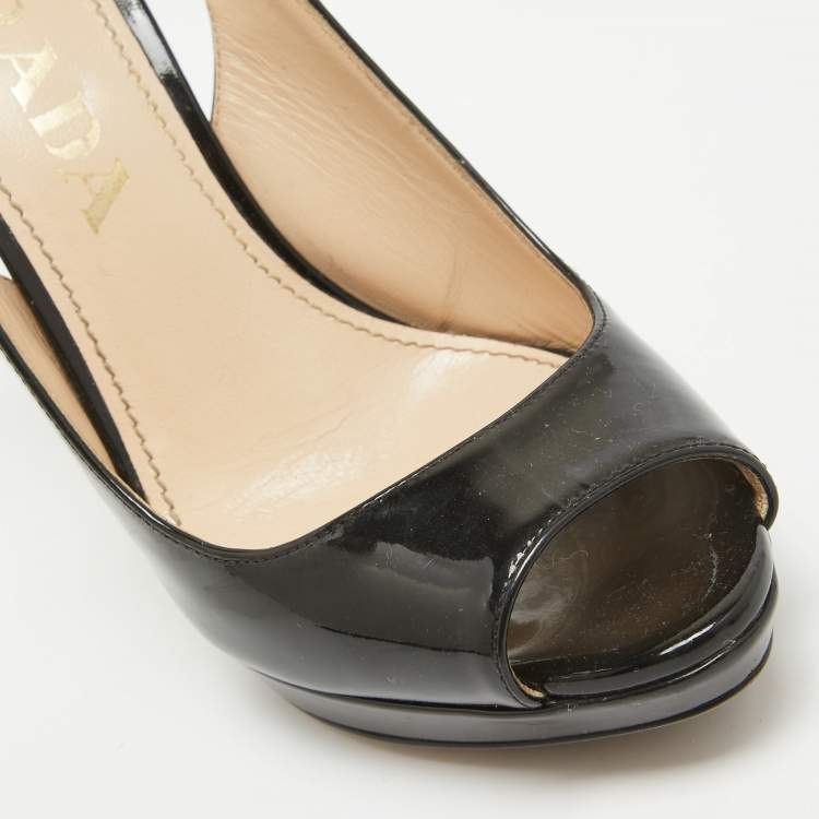 Pre Owned Prada Black Patent Leather Peep Toe Slingback Pumps Size 36.5