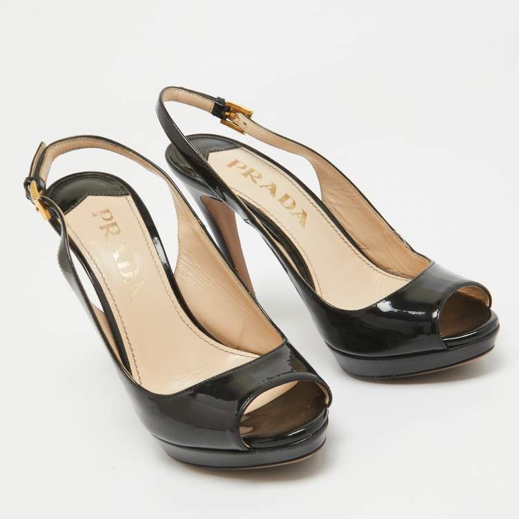 Pre Owned Prada Black Patent Leather Peep Toe Slingback Pumps Size 36.5