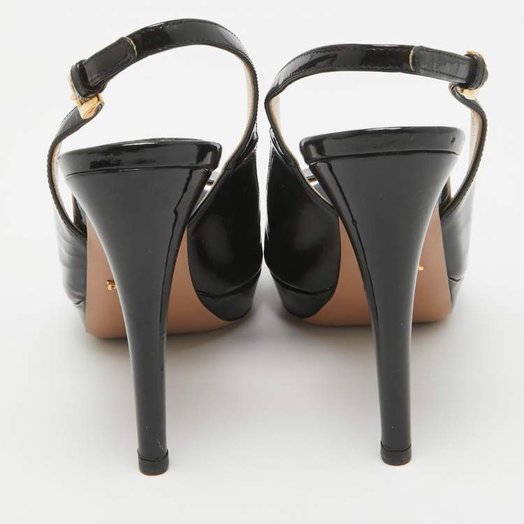 Pre Owned Prada Black Patent Leather Peep Toe Slingback Pumps Size 36.5