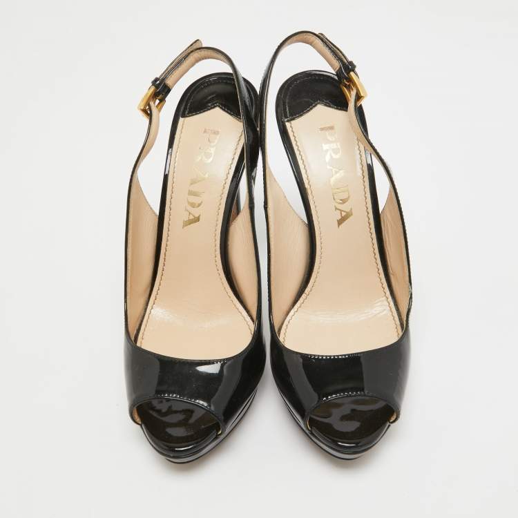 Pre Owned Prada Black Patent Leather Peep Toe Slingback Pumps Size 36.5
