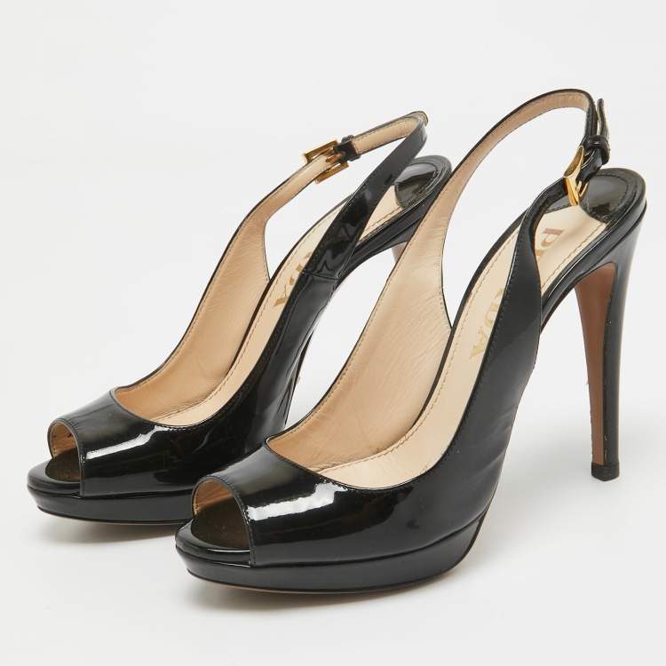 Pre Owned Prada Black Patent Leather Peep Toe Slingback Pumps Size 36.5