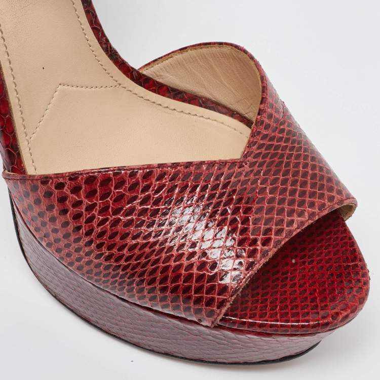 Pre Owned Prada Red Snakeskin Crystals Embellished Platform Sandals Size 39