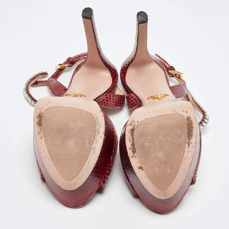 Pre Owned Prada Red Snakeskin Crystals Embellished Platform Sandals Size 39