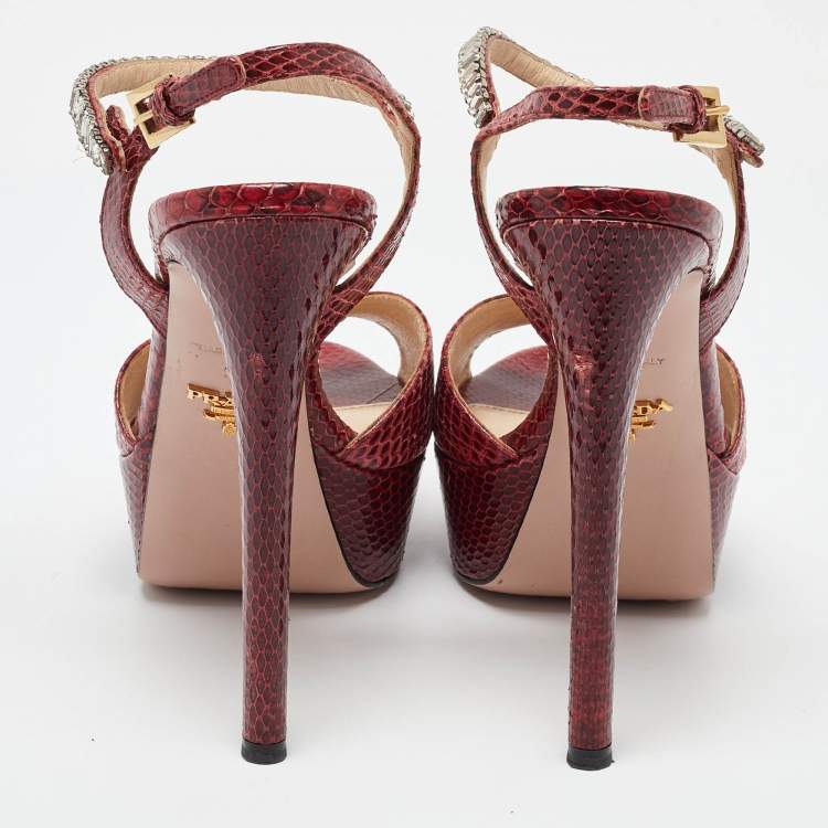 Pre Owned Prada Red Snakeskin Crystals Embellished Platform Sandals Size 39