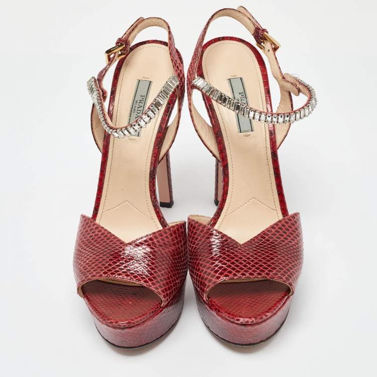 Pre Owned Prada Red Snakeskin Crystals Embellished Platform Sandals Size 39