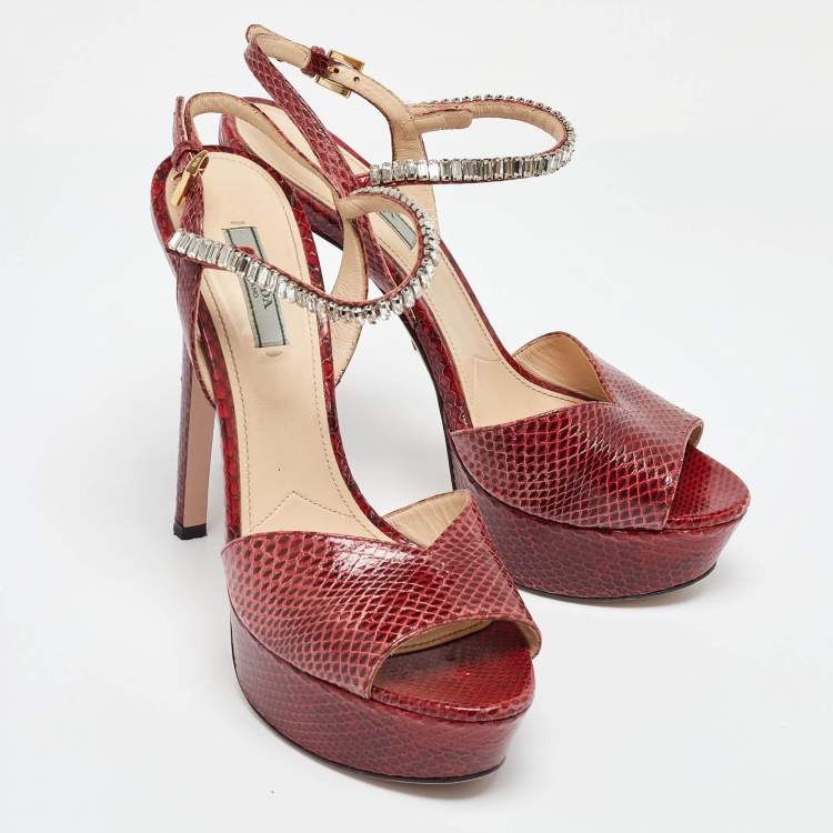 Pre Owned Prada Red Snakeskin Crystals Embellished Platform Sandals Size 39
