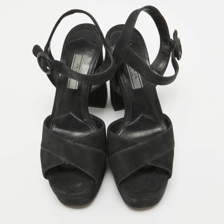 Pre Owned Prada Black Suede Platform Ankle Strap Sandals Size 35.5