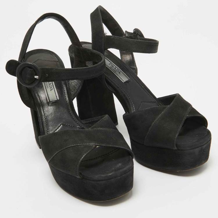 Pre Owned Prada Black Suede Platform Ankle Strap Sandals Size 35.5