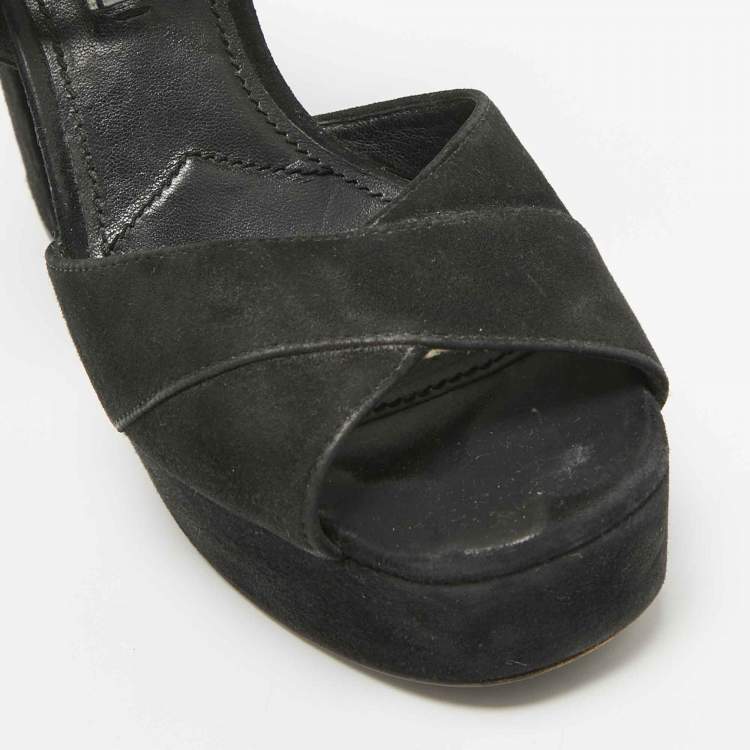 Pre Owned Prada Black Suede Platform Ankle Strap Sandals Size 35.5