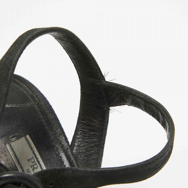 Pre Owned Prada Black Suede Platform Ankle Strap Sandals Size 35.5