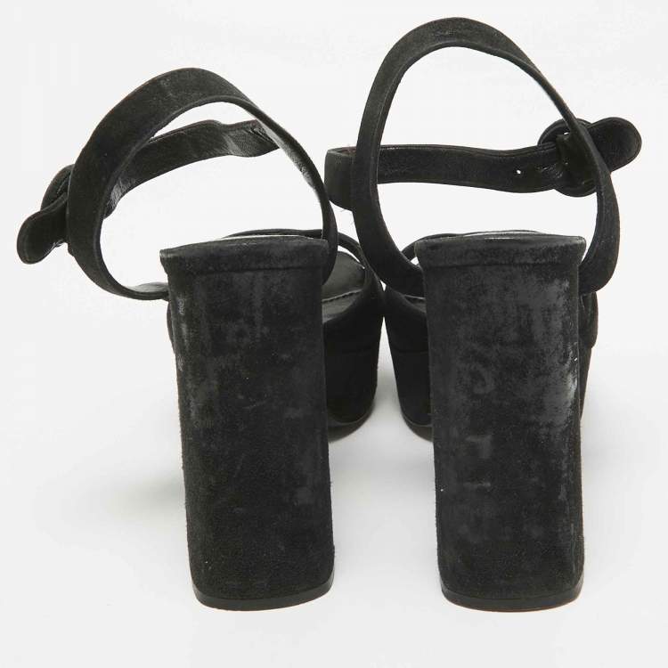 Pre Owned Prada Black Suede Platform Ankle Strap Sandals Size 35.5