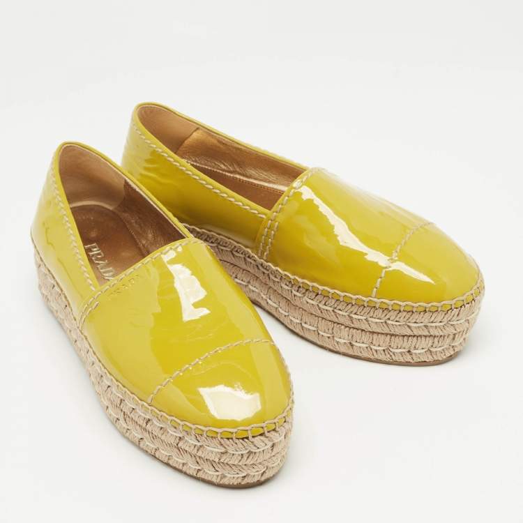 Pre Owned Prada Yellow Patent Leather Slip On Espadrille Loafers Size 37