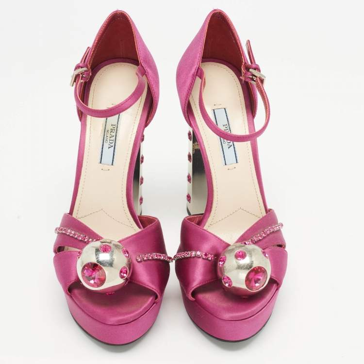Pre Owned Prada Purple Satin Crystal Embellished Platform Sandals Size 37