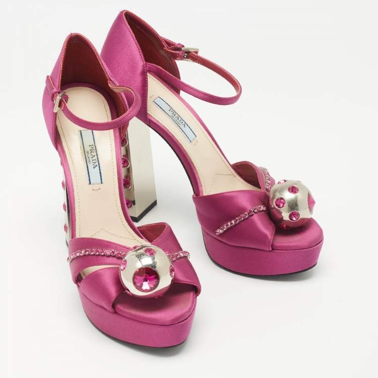 Pre Owned Prada Purple Satin Crystal Embellished Platform Sandals Size 37