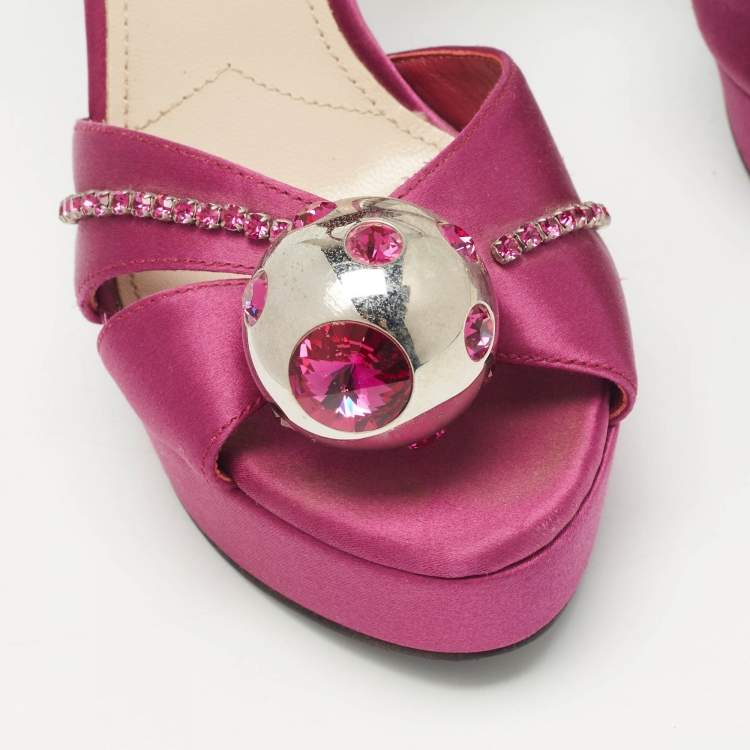 Pre Owned Prada Purple Satin Crystal Embellished Platform Sandals Size 37