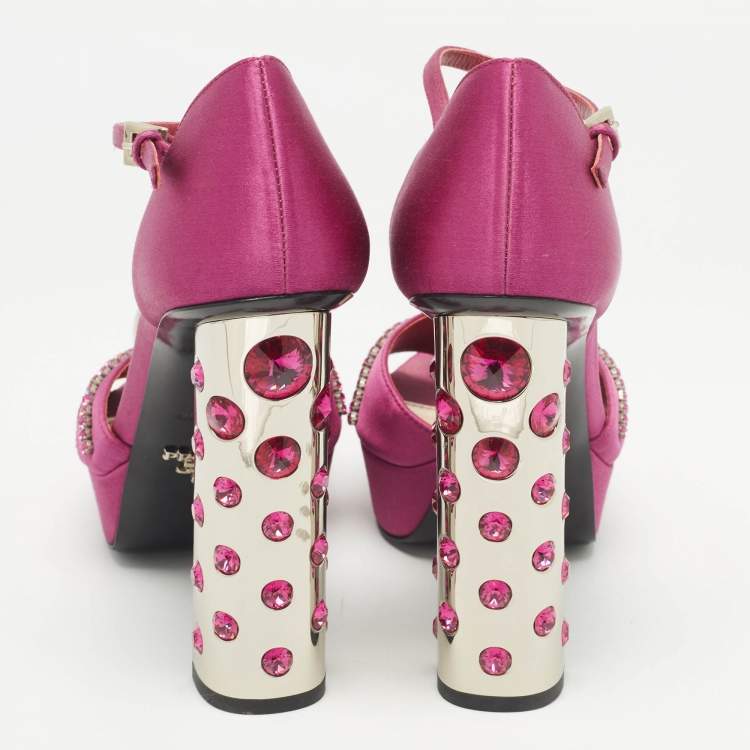 Pre Owned Prada Purple Satin Crystal Embellished Platform Sandals Size 37