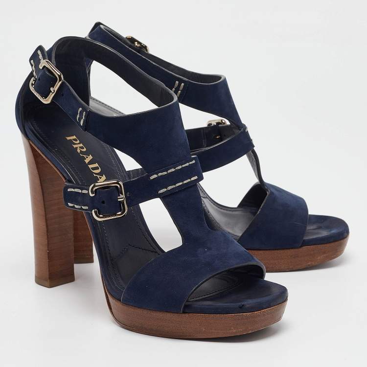 Pre Owned Prada Navy Blue Nubuck Leather Platform Sandals Size 37