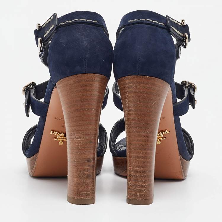Pre Owned Prada Navy Blue Nubuck Leather Platform Sandals Size 37