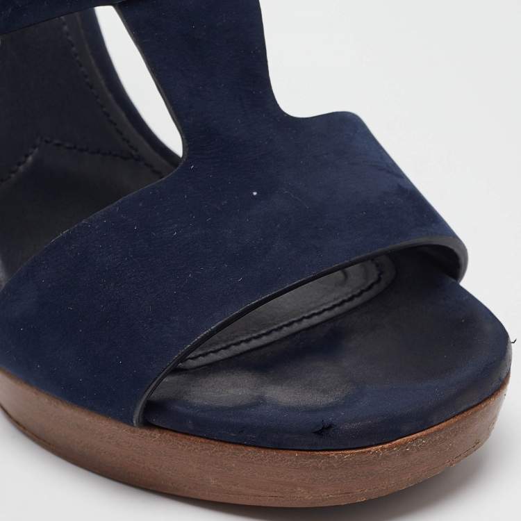 Pre Owned Prada Navy Blue Nubuck Leather Platform Sandals Size 37