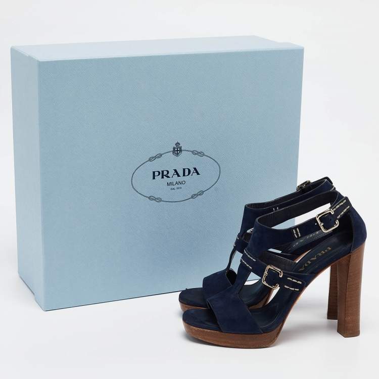 Pre Owned Prada Navy Blue Nubuck Leather Platform Sandals Size 37