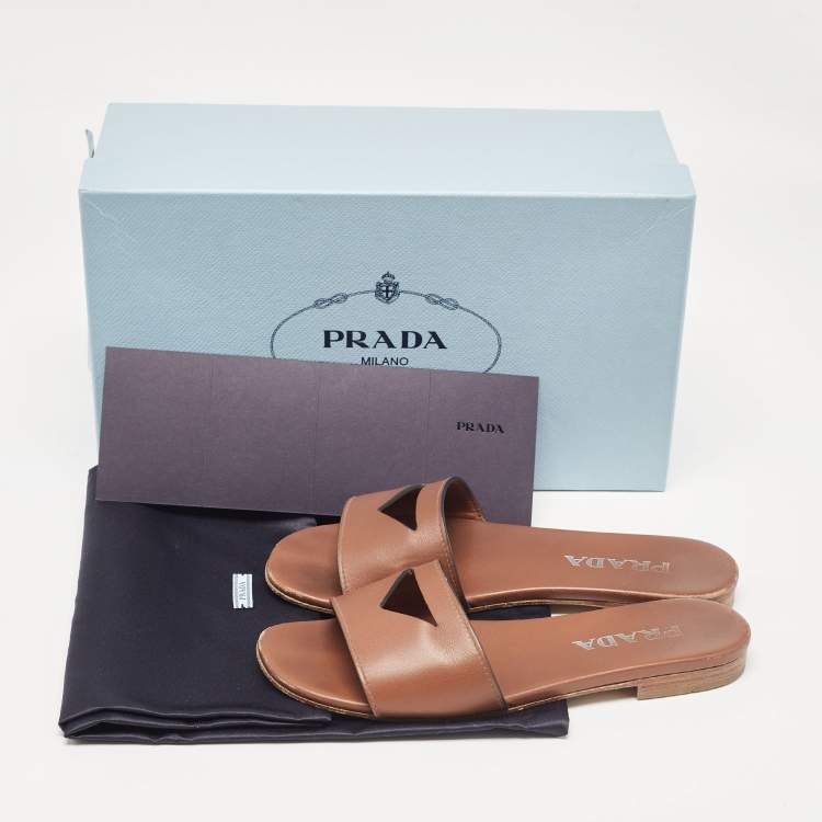 Pre Owned Prada Brown Leather Triangle Cutout Flat Slides Size 35.5