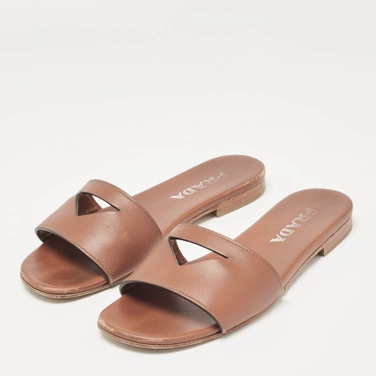 Pre Owned Prada Brown Leather Triangle Cutout Flat Slides Size 35.5
